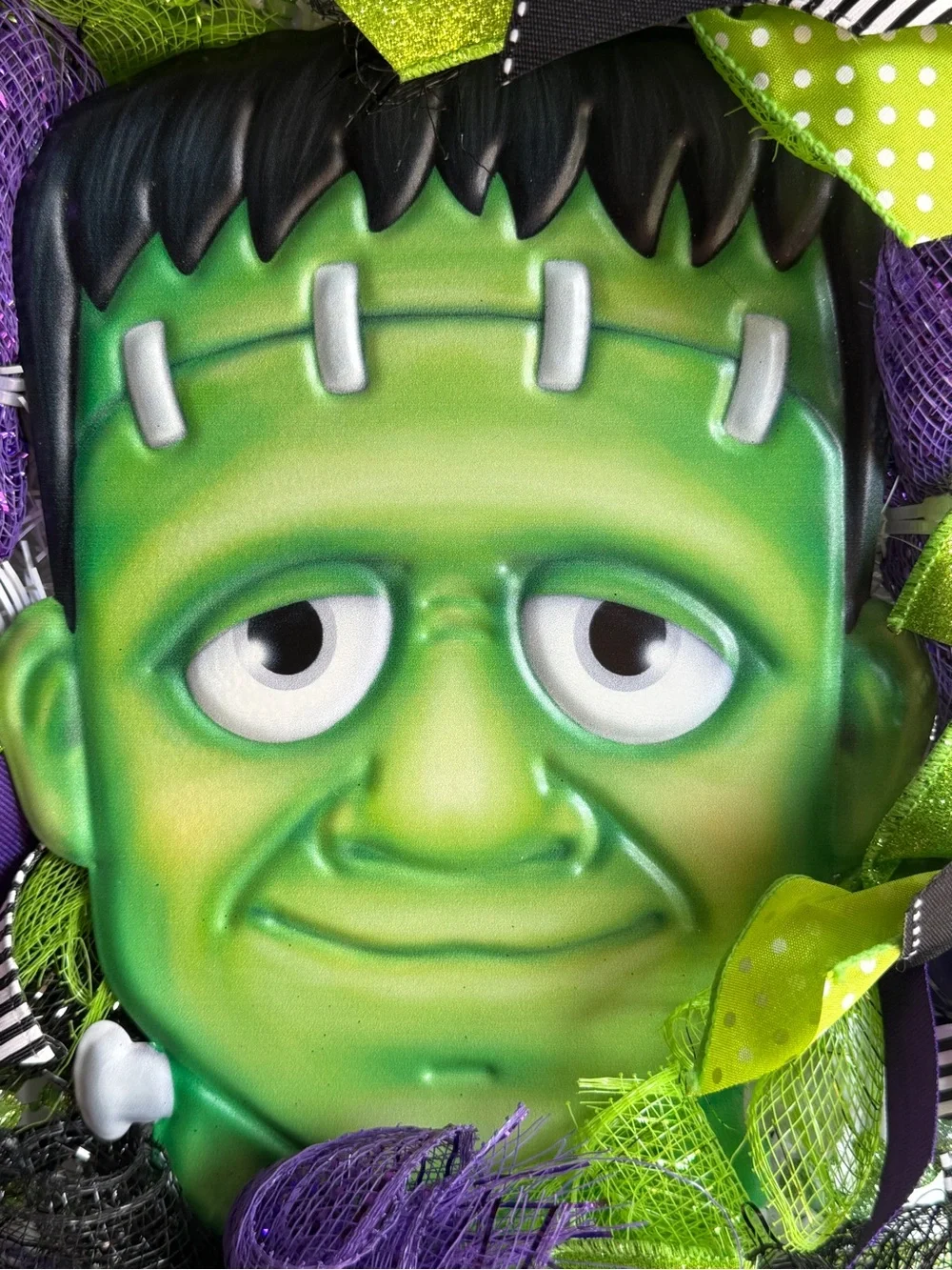 Frankenstein Halloween Door Wreath Swag Lighted Deco Mesh Purple Green Handmade